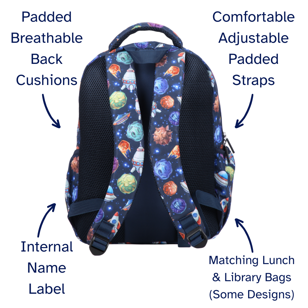Space Midsize Kids Backpack detail shot durable YKK zips and reinforced handle, waterproof kids backpack