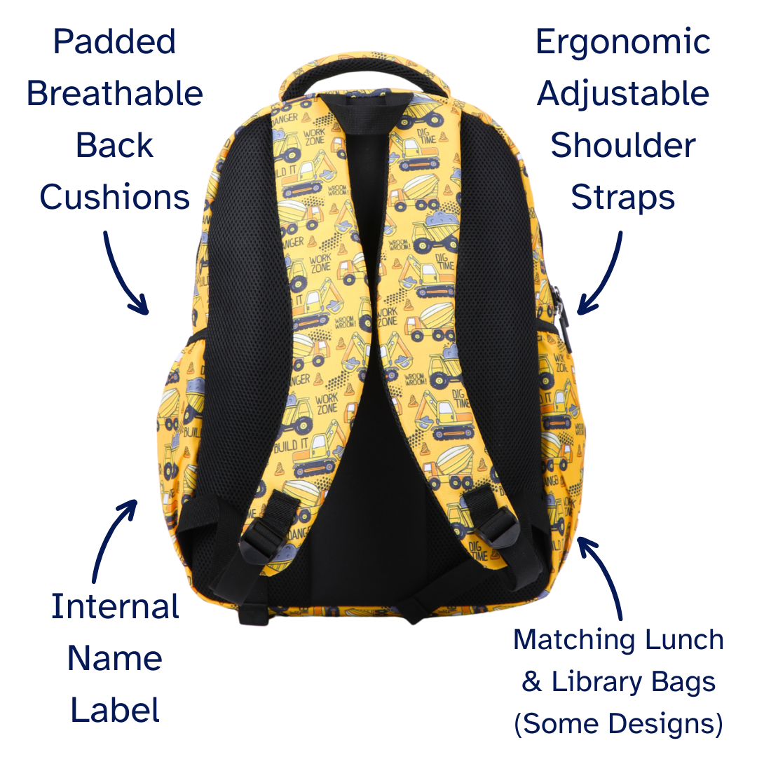 Yellow backpack with black patterns and features labeled on a white background