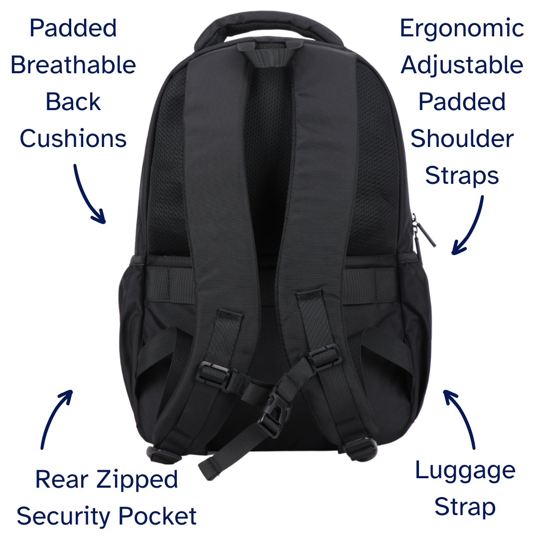 Black backpack with labeled features on a white background