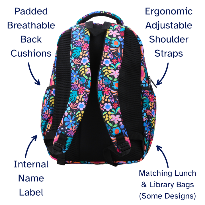 Colorful floral-patterned backpack with labeled features on a white background