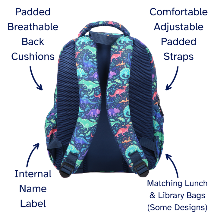 Dinosaurs Midsize Kids Backpack detail shot durable YKK zips and reinforced handle, waterproof kids backpack