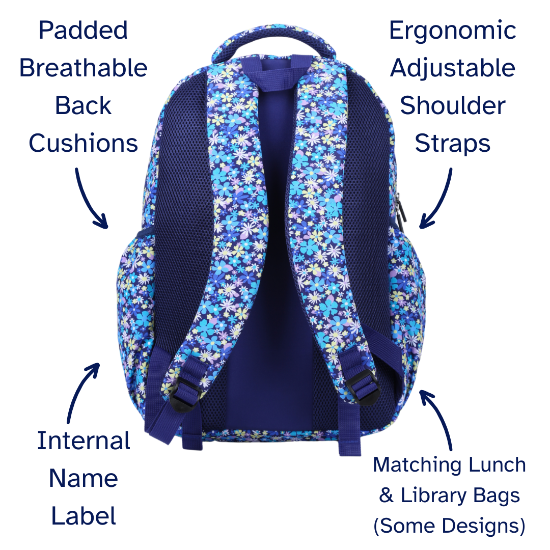 Floral-patterned backpack with labeled features on a white background