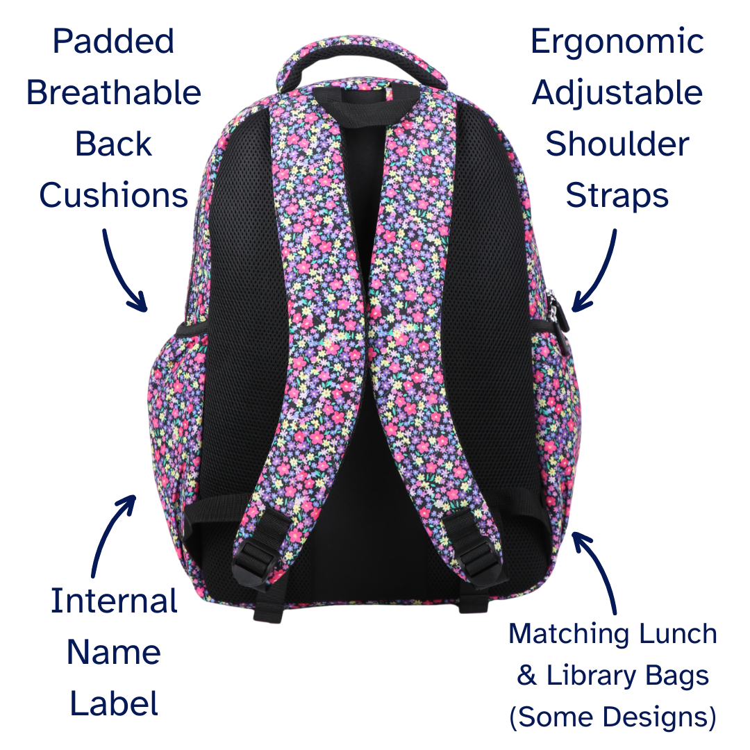 Floral-patterned backpack with labeled features on a white background