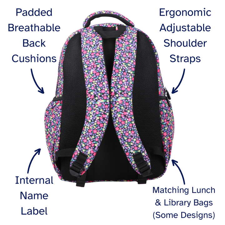 Floral-patterned backpack with labeled features on a white background