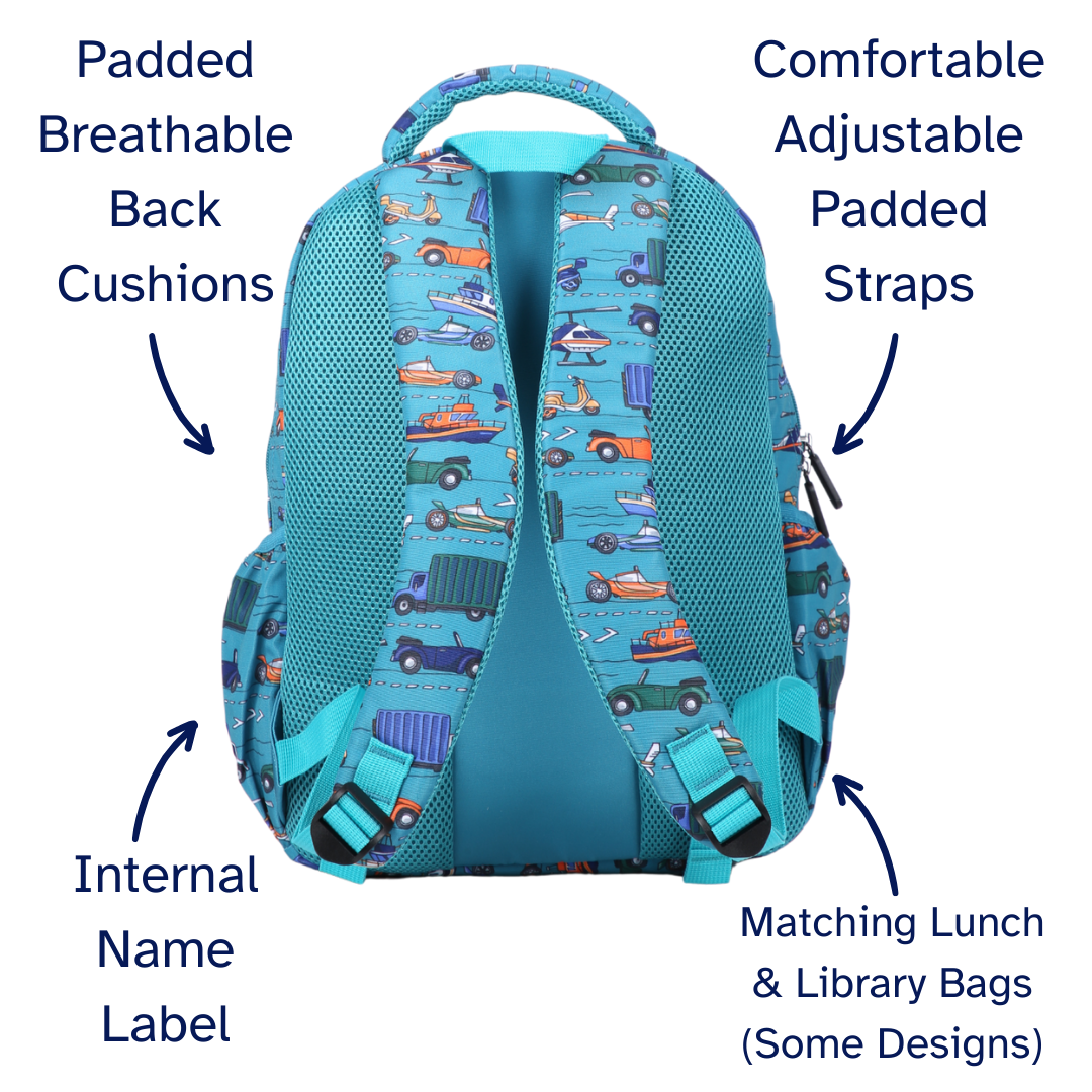 Blue children's backpack with vehicle pattern, labeled features on a white background