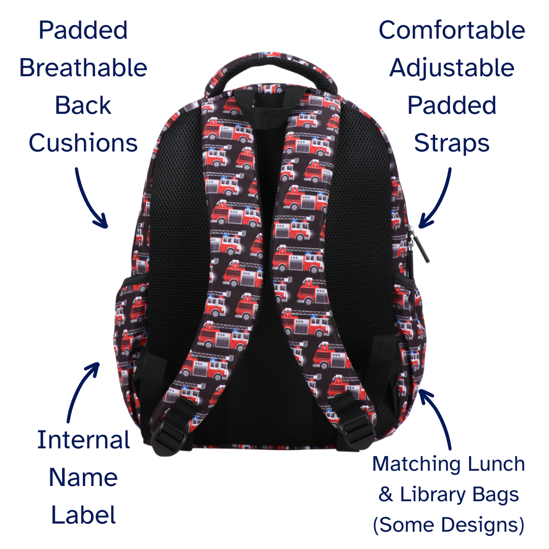 Backpack with fire truck pattern labeled for features like padded back, adjustable straps, internal name label, and matching lunch/library bags.