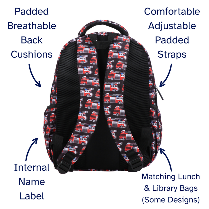 Backpack with fire truck pattern labeled for features like padded back, adjustable straps, internal name label, and matching lunch/library bags.