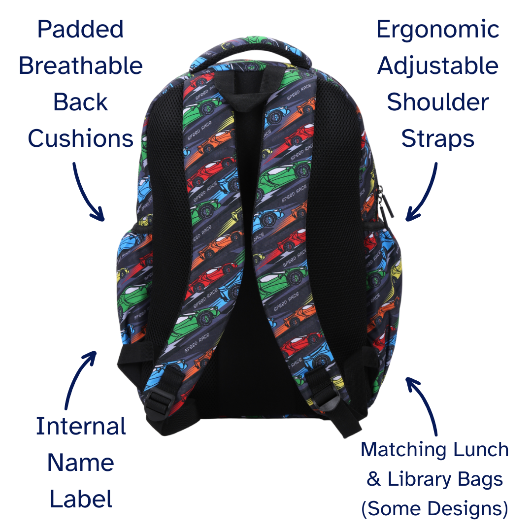 Backpack with colorful car pattern, labeled features on a white background
