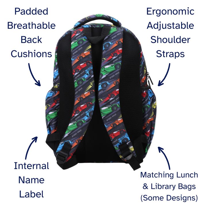Backpack with colorful car pattern, labeled features on a white background
