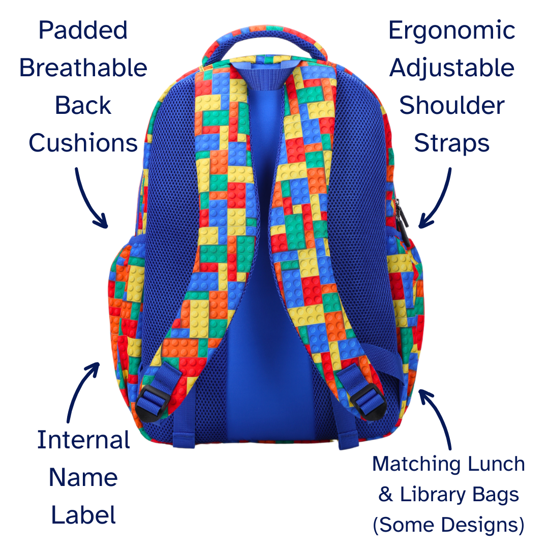 Colorful backpack with labeled features on a white background