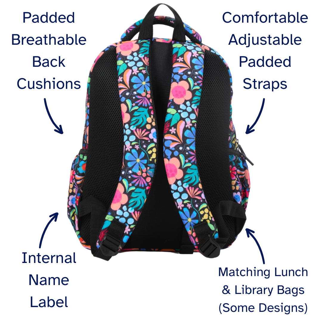 Wonderland Colourful Floral Midsize Kids Backpack close-up print high-quality fabric waterproof midsize kids backpack