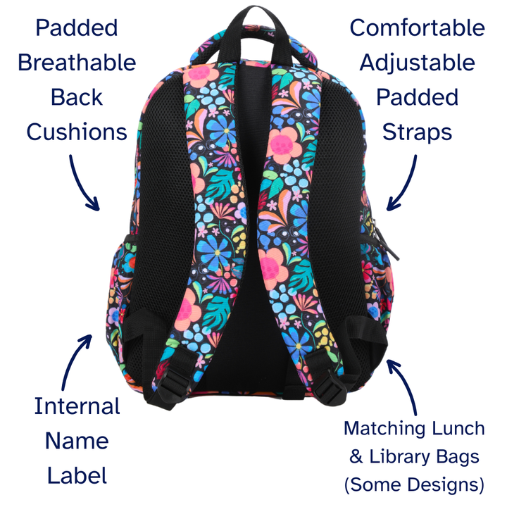 Wonderland Colourful Floral Midsize Kids Backpack close-up print high-quality fabric waterproof midsize kids backpack