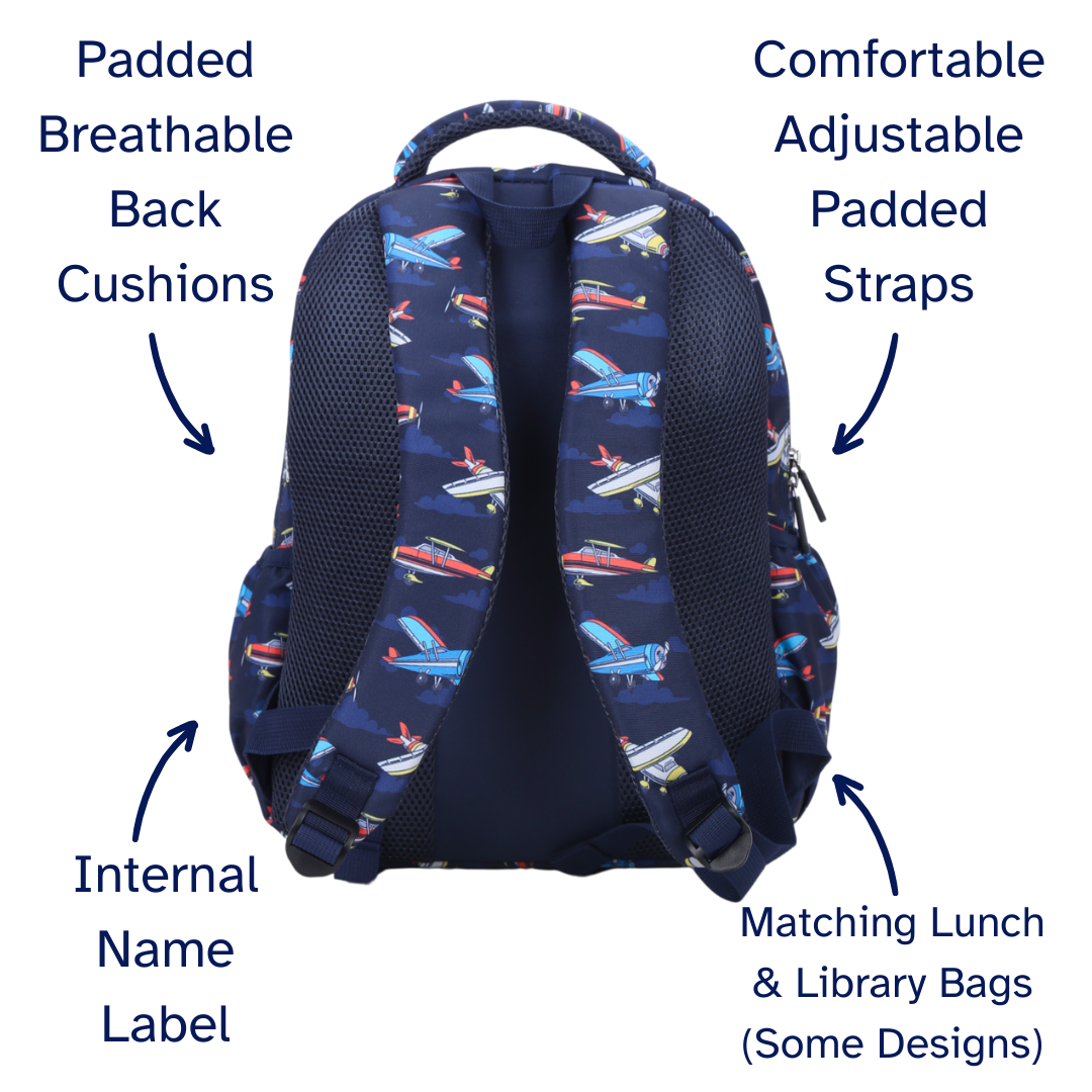 Navy Blue Airplane Midsize Kids Backpack close-up print high-quality fabric waterproof midsize kids backpack