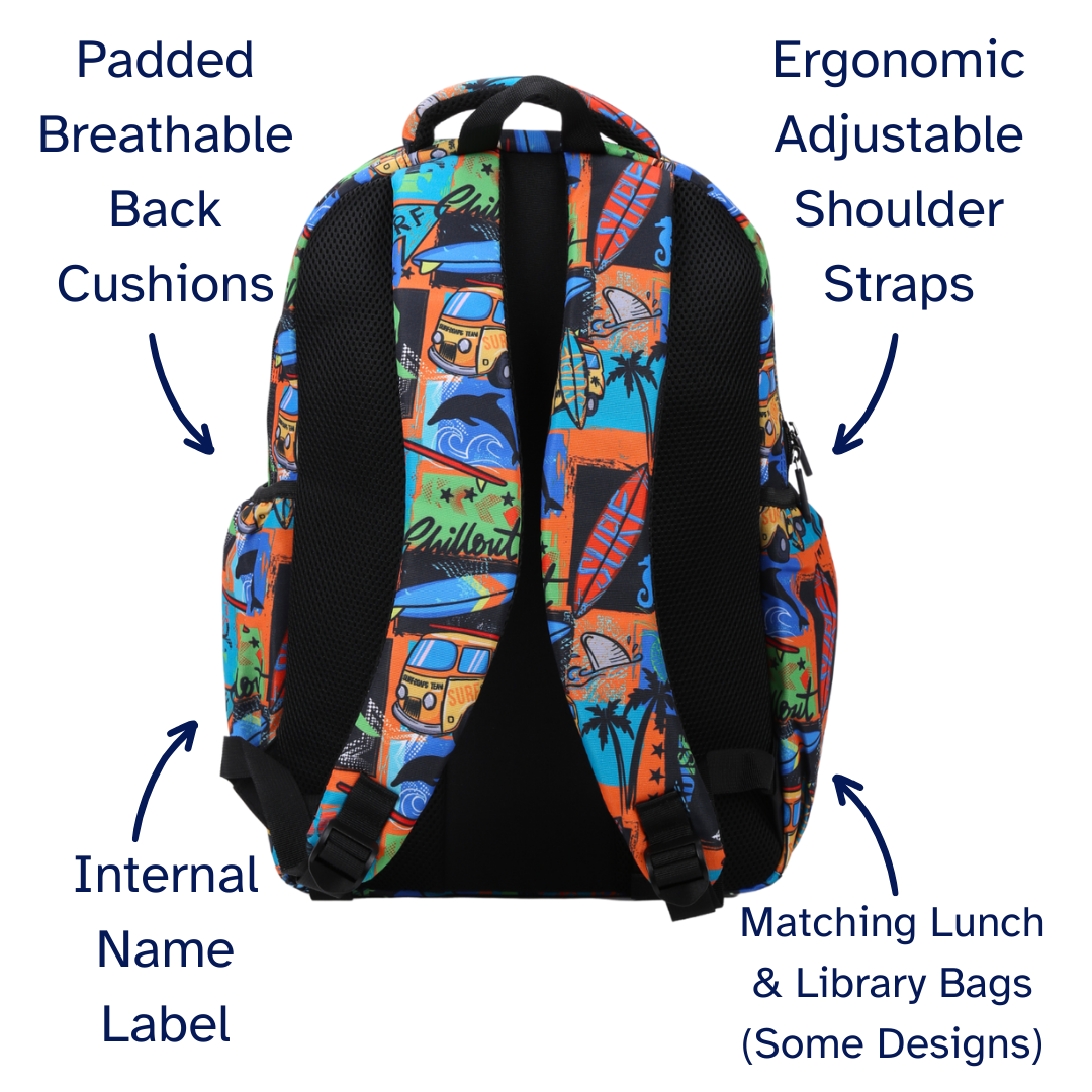 Colorful backpack with text highlighting features on a white background