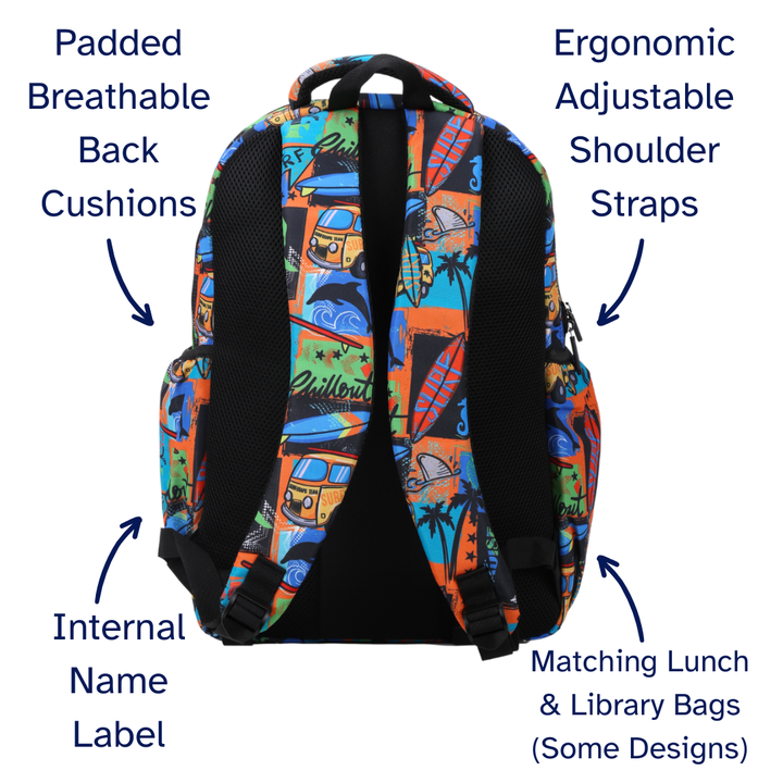 Colorful backpack with text highlighting features on a white background