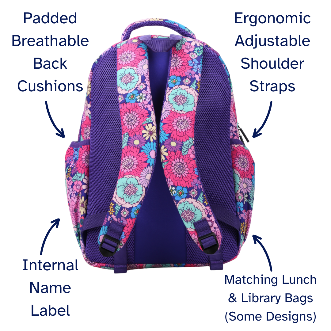 Pink and purple Floral-patterned backpack with labeled features on a white background