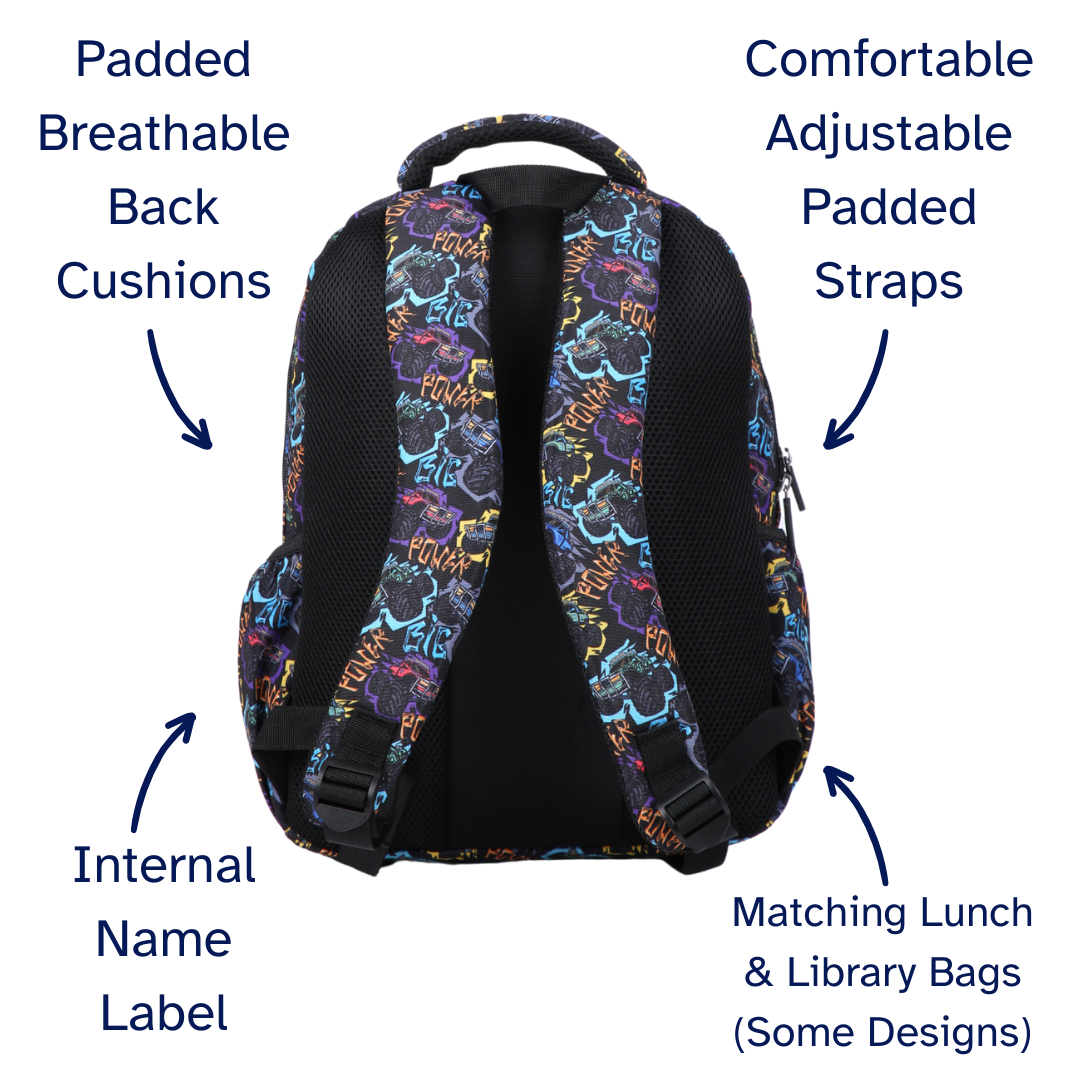 Monster Trucks Midsize Kids Backpack close-up print high-quality fabric waterproof midsize kids backpack