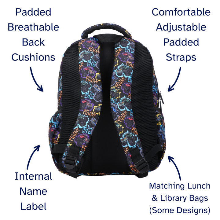 Monster Trucks Midsize Kids Backpack close-up print high-quality fabric waterproof midsize kids backpack