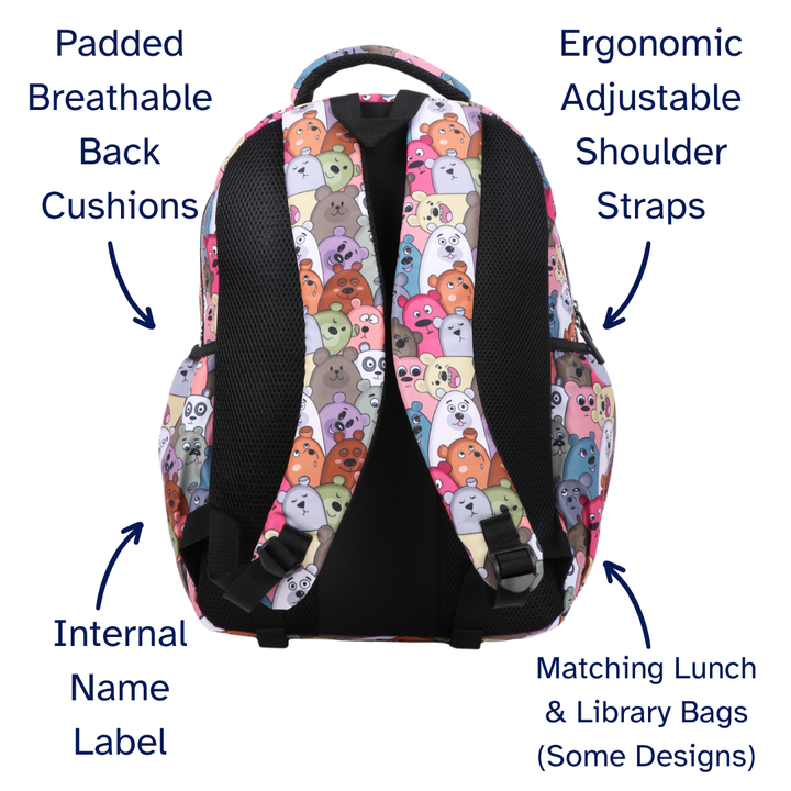 Backpack with colorful bear pattern, labeled features on a white background