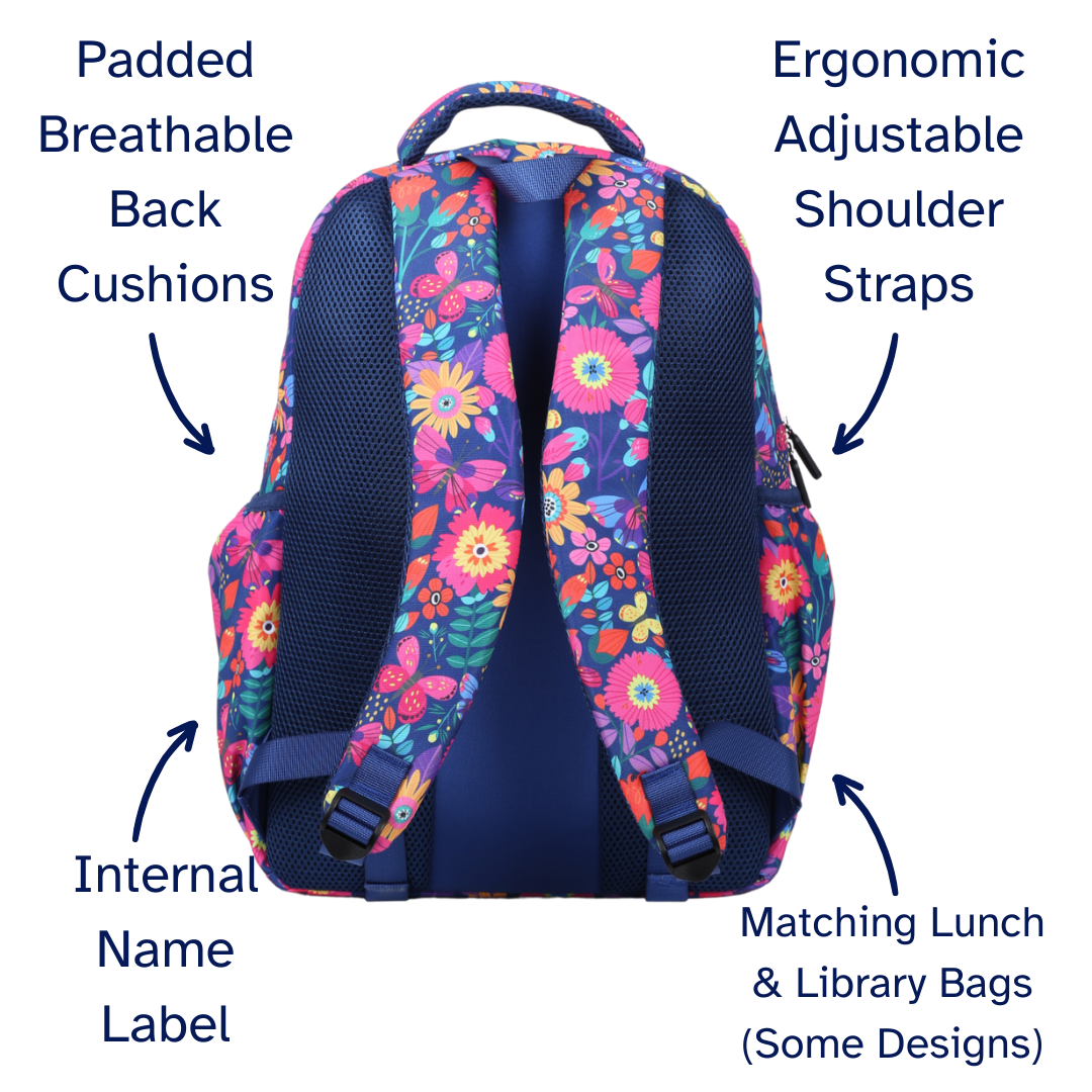 Floral-patterned backpack with labeled features on a white background