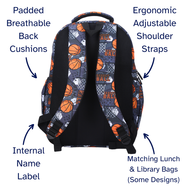 Backpack with basketball pattern and features labeled on a white background
