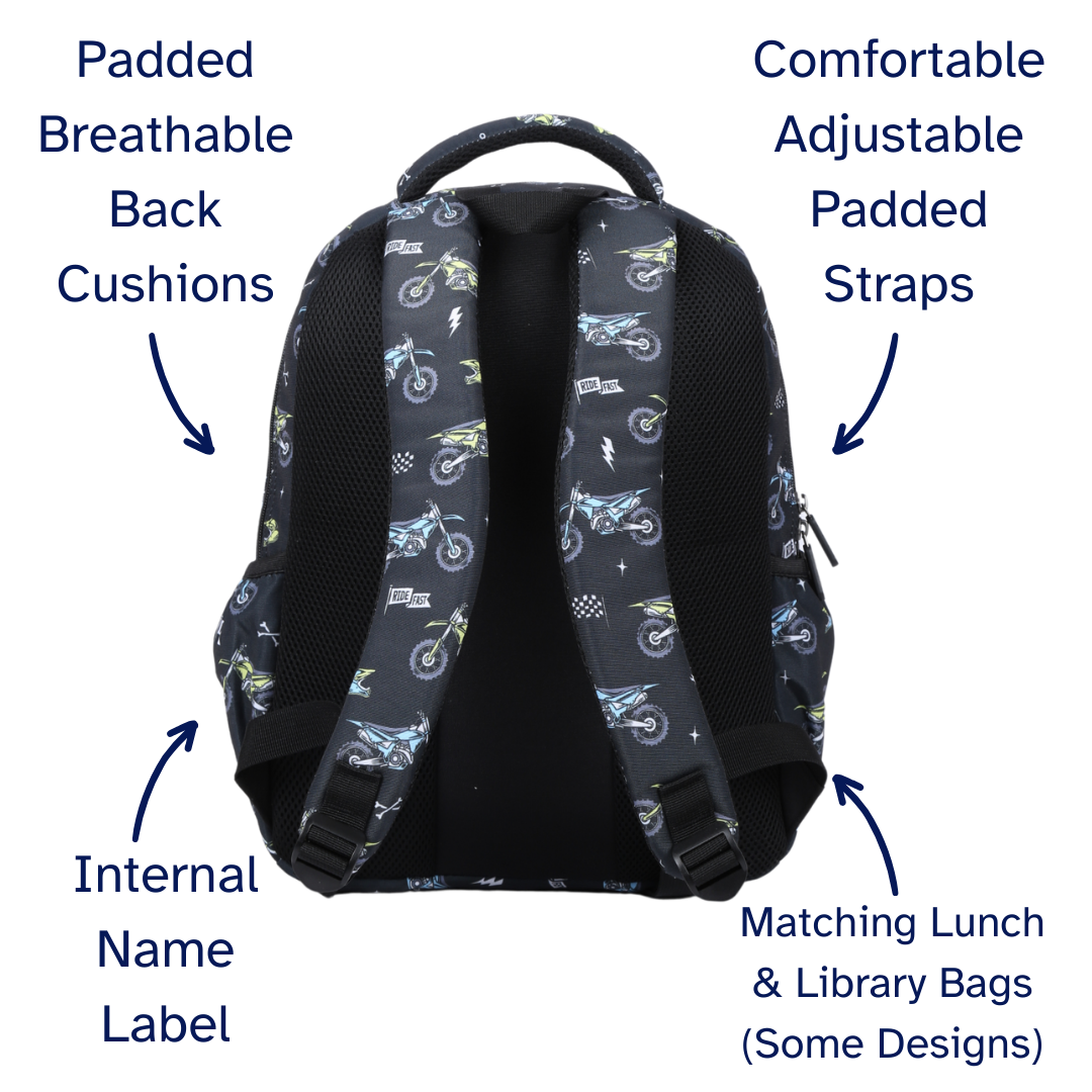 Motorcross Motorbike Midsize Kids Backpack close-up print high-quality fabric waterproof midsize kids backpack