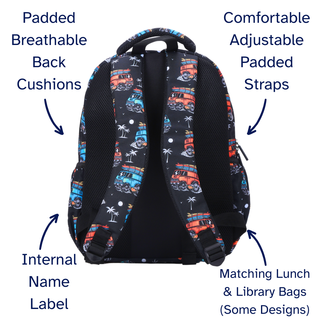 Surf Kombi Midsize Kids Backpack detail shot padded breathable back cushions, padded adjustable straps and matching lunch bags and library bags