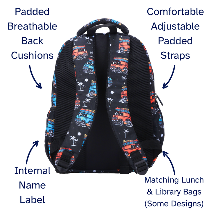 Surf Kombi Midsize Kids Backpack detail shot padded breathable back cushions, padded adjustable straps and matching lunch bags and library bags