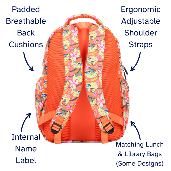 Orange backpack with floral sloth design and features labeled on a white background