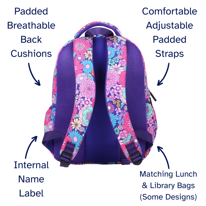 Summer Flowers Midsize Kids Backpack detail shot durable YKK zips and reinforced handle, waterproof kids backpack