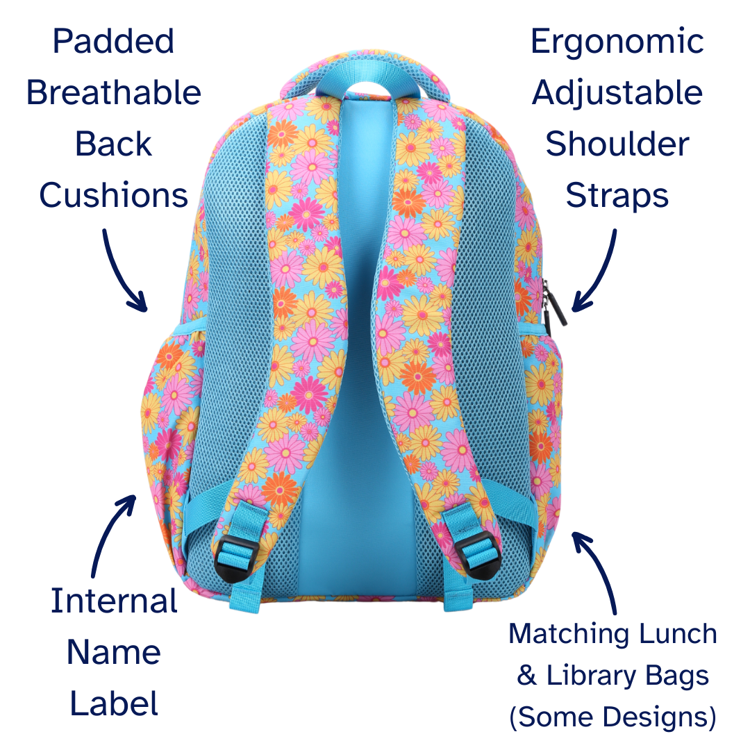 Floral backpack with labeled features on a white background
