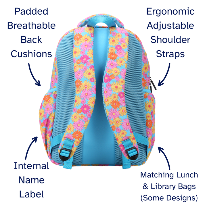 Floral backpack with labeled features on a white background