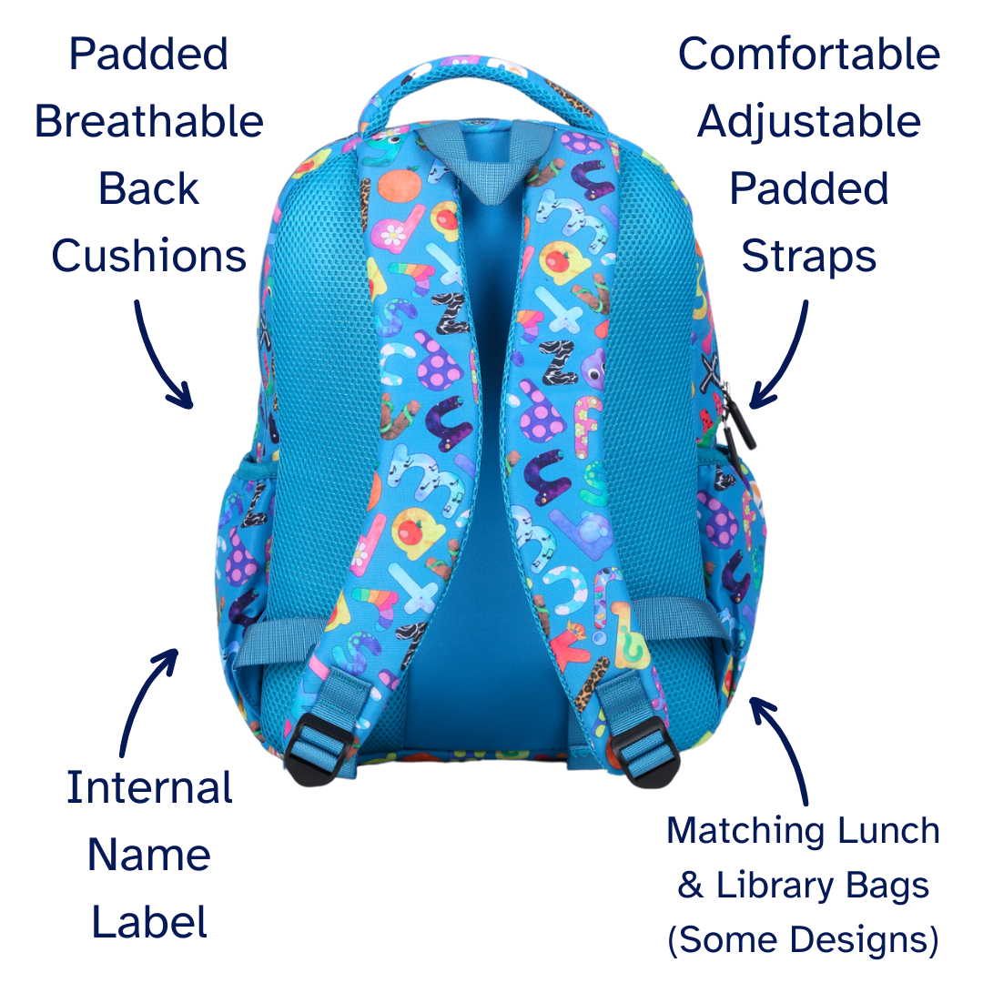 Alphabulous Midsize Kids Backpack detail shot durable YKK zips and reinforced handle, waterproof kids backpack