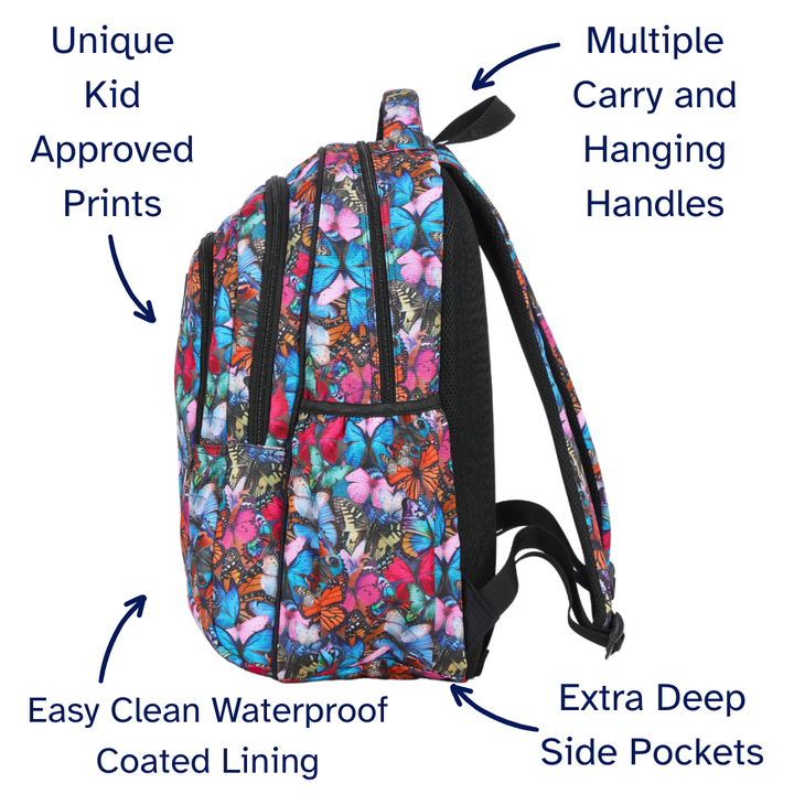 Backpack with butterfly pattern and features highlighted on a white background