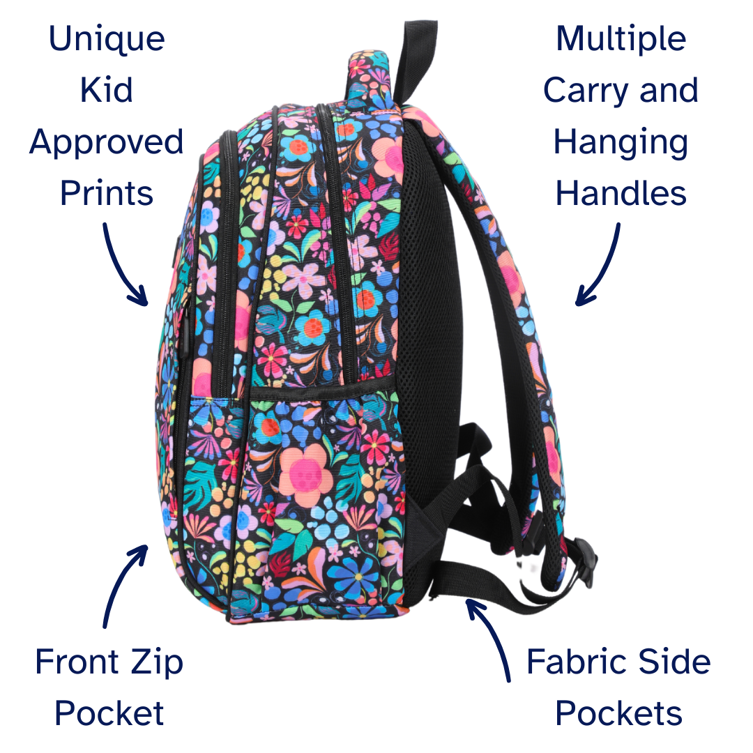 Colorful floral-patterned backpack with features highlighted on a white background detail shot durable YKK zips and reinforced handle, waterproof kids backpack