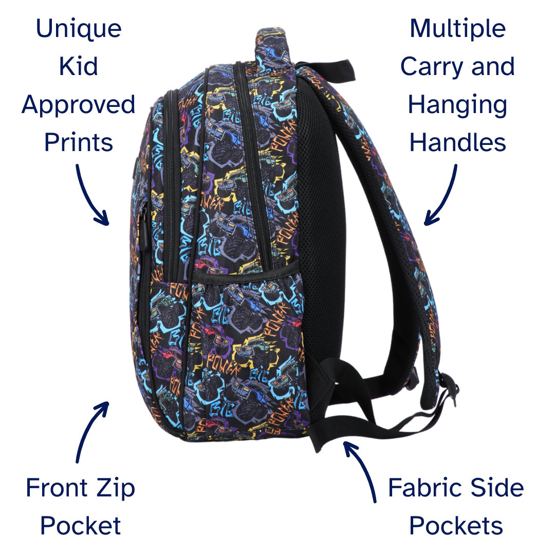 Backpack with colorful design, multiple carry handles, front zip pocket, and fabric side pockets on a white background.
