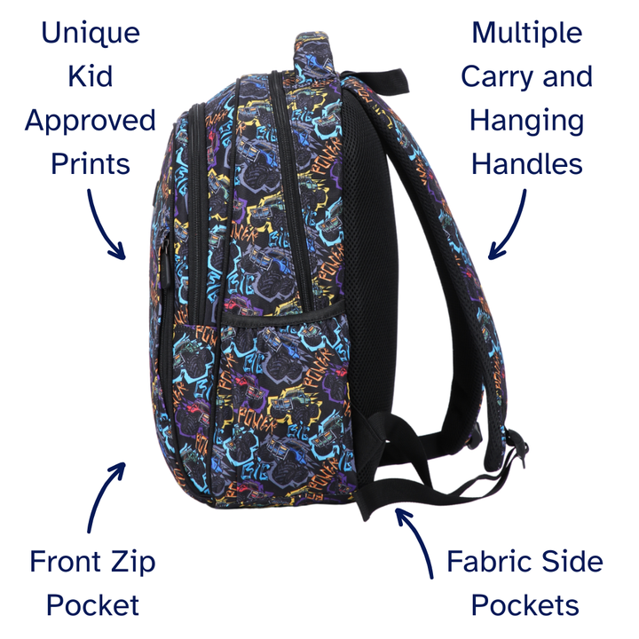 Backpack with colorful design, multiple carry handles, front zip pocket, and fabric side pockets on a white background.