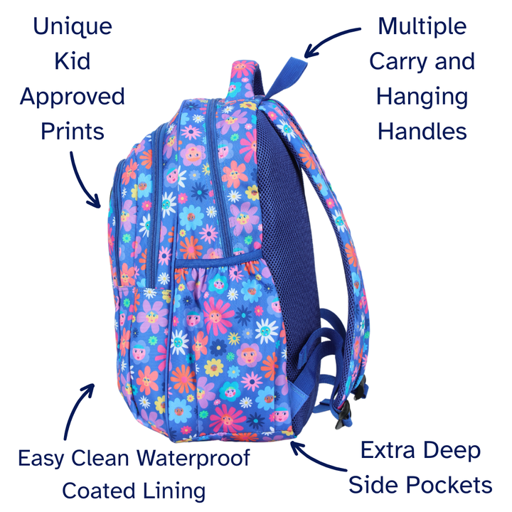 Floral backpack with features highlighted on a white background