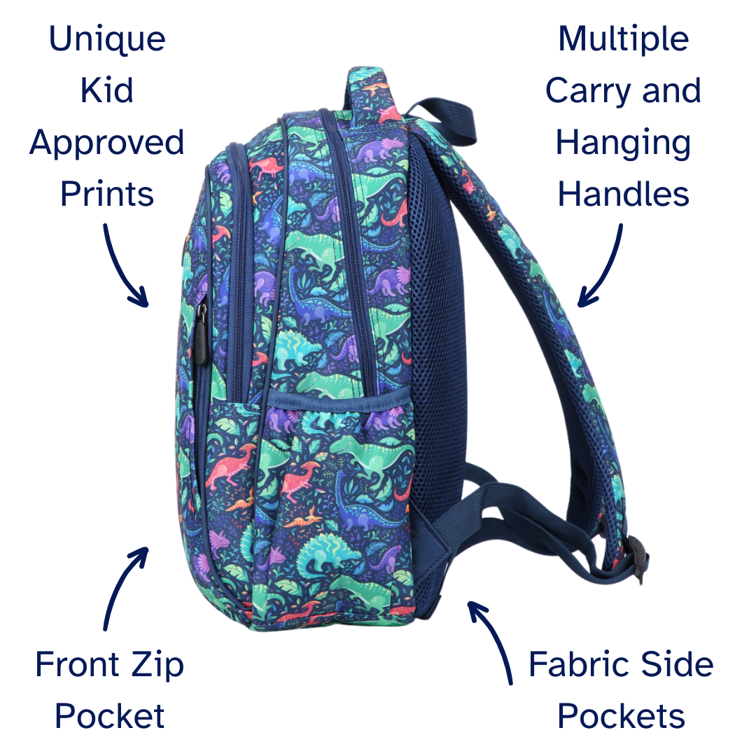 Colorful backpack with dinosaur pattern, features labeled on a white background