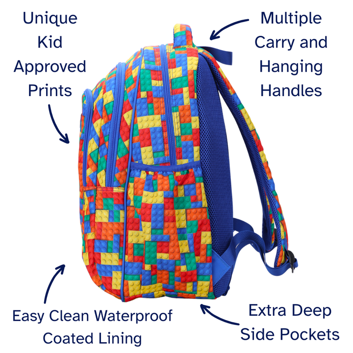 Colorful backpack with features highlighted on a white background