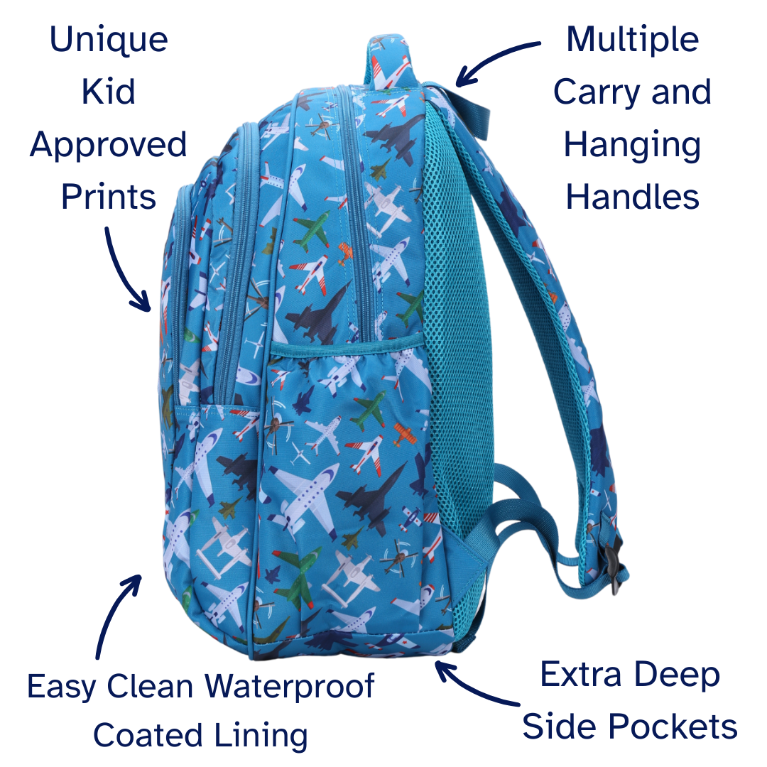 Blue backpack with airplane pattern and features highlighted on a white background