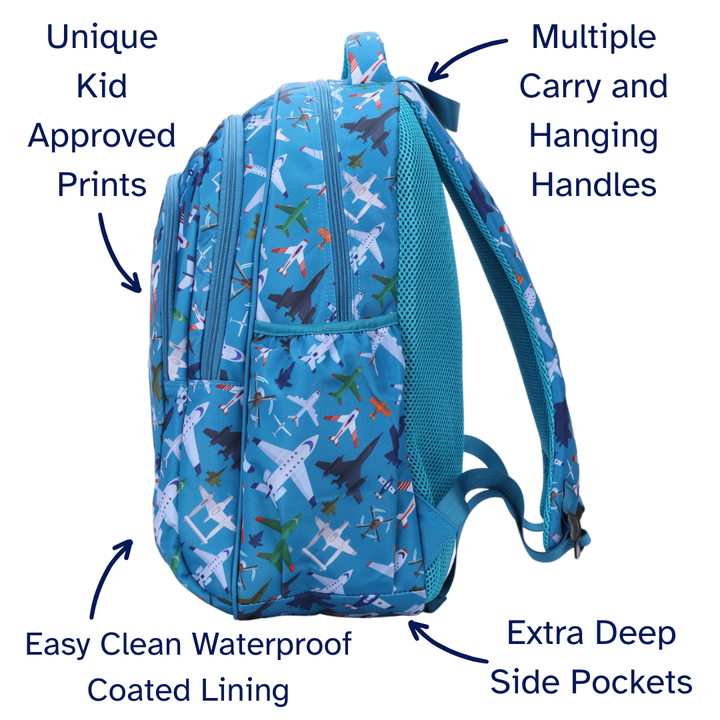 Blue backpack with airplane pattern and features highlighted on a white background