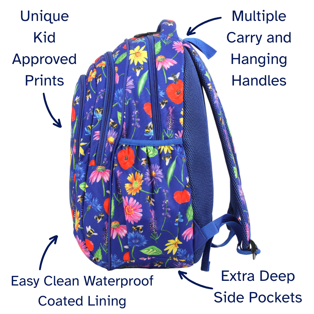 Floral-patterned backpack with features highlighted on a white background
