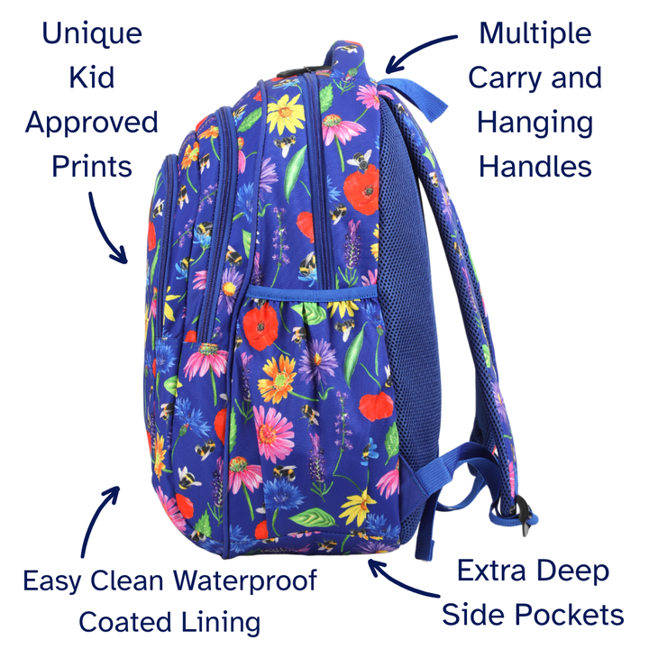 Floral-patterned backpack with features highlighted on a white background
