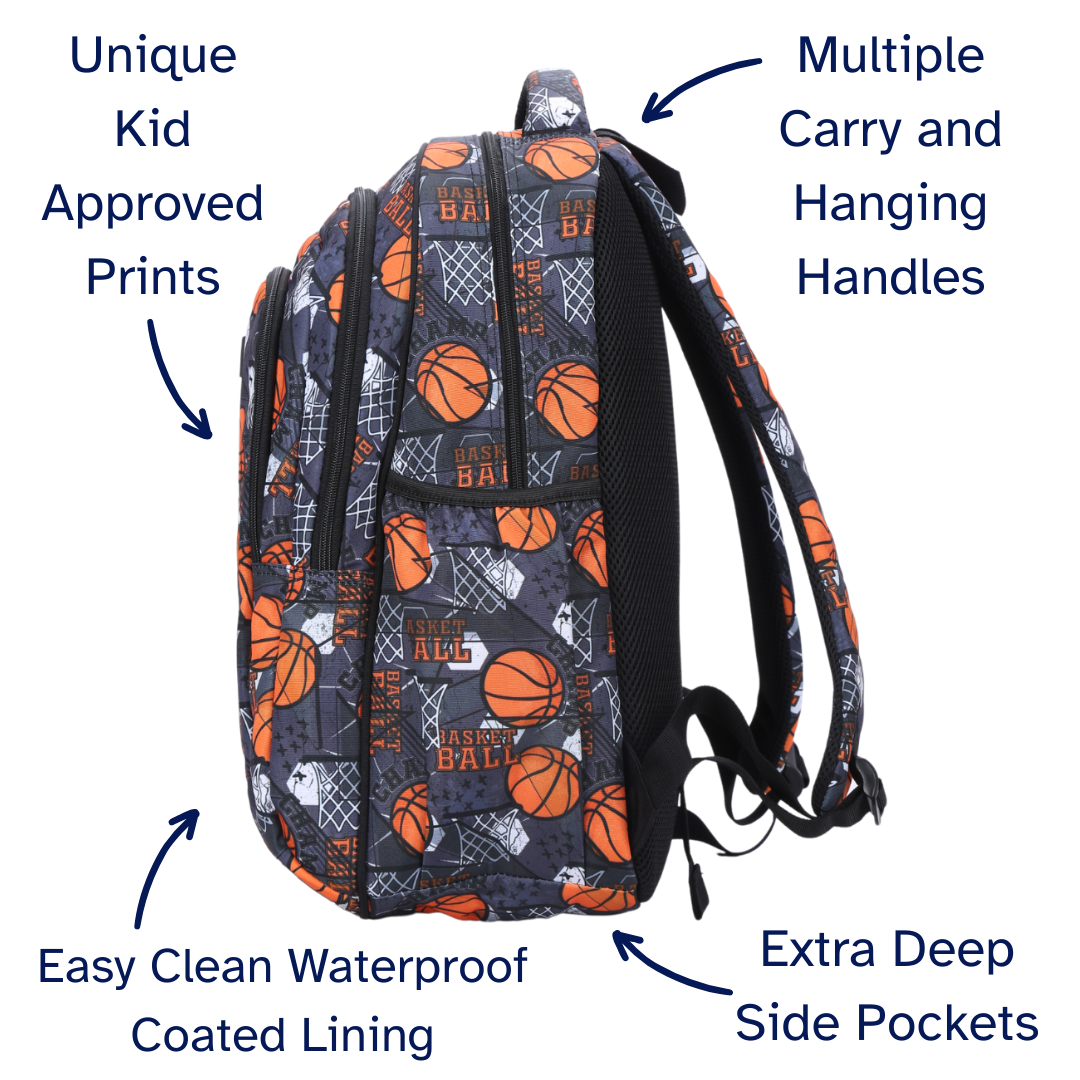 Backpack with basketball pattern and features labeled on a white background