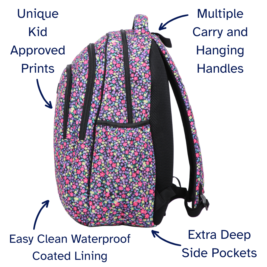 Floral-patterned backpack with features highlighted on a white background