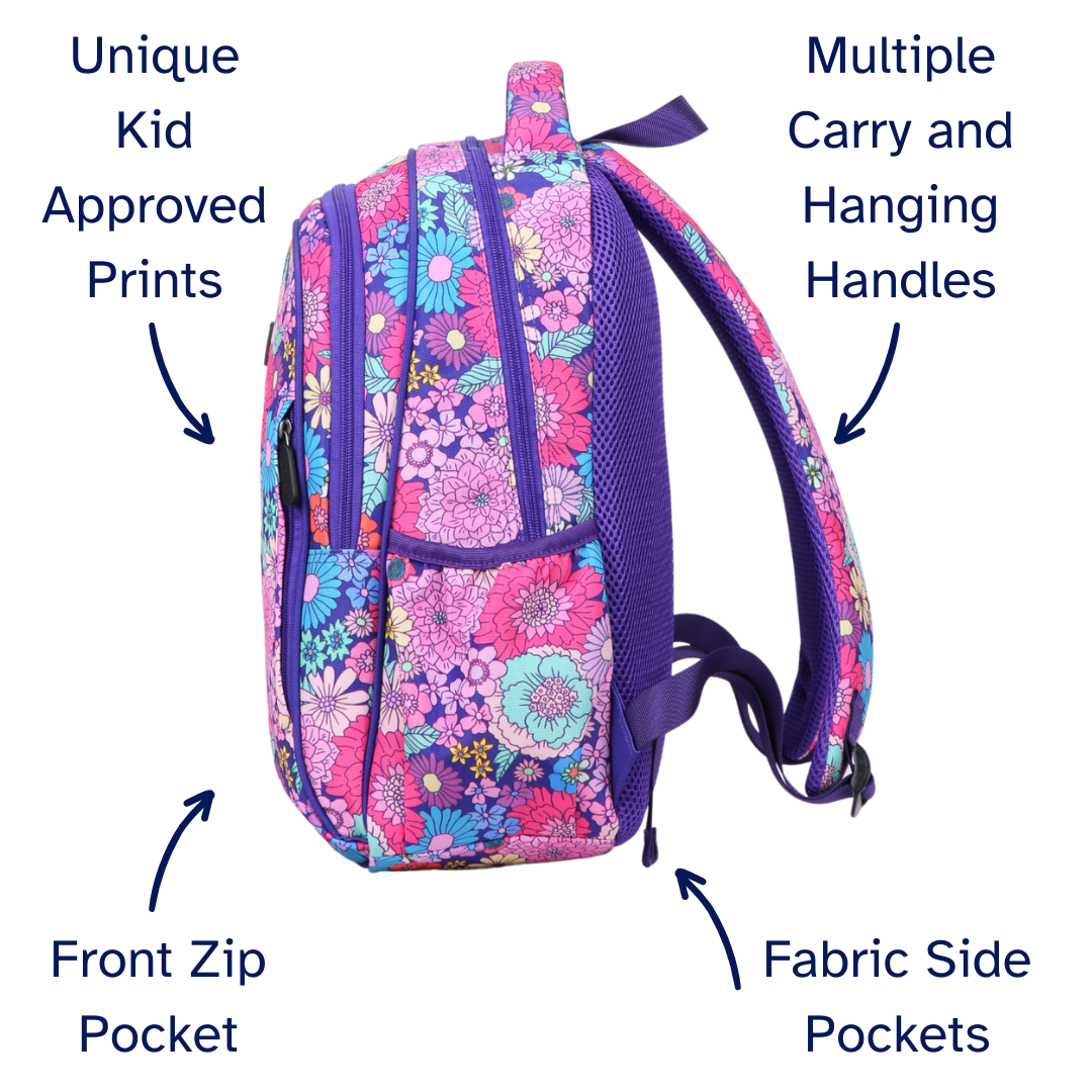 Floral-patterned pink and purple girls backpack with features highlighted on a white background