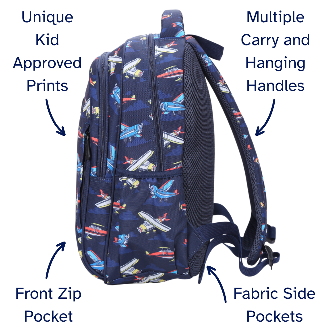 Planes Midsize Kids Backpack detail shot durable YKK zips and reinforced handle, waterproof kids backpack