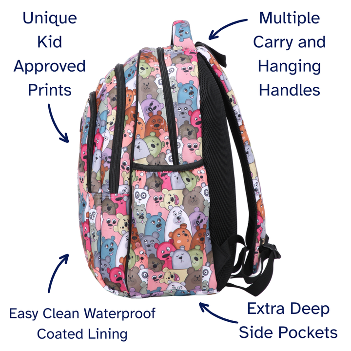 Backpack with colorful bear pattern, features highlighted on a white background