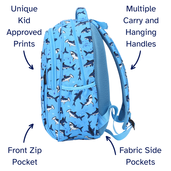 Blue backpack with shark pattern, features highlighted on a white background